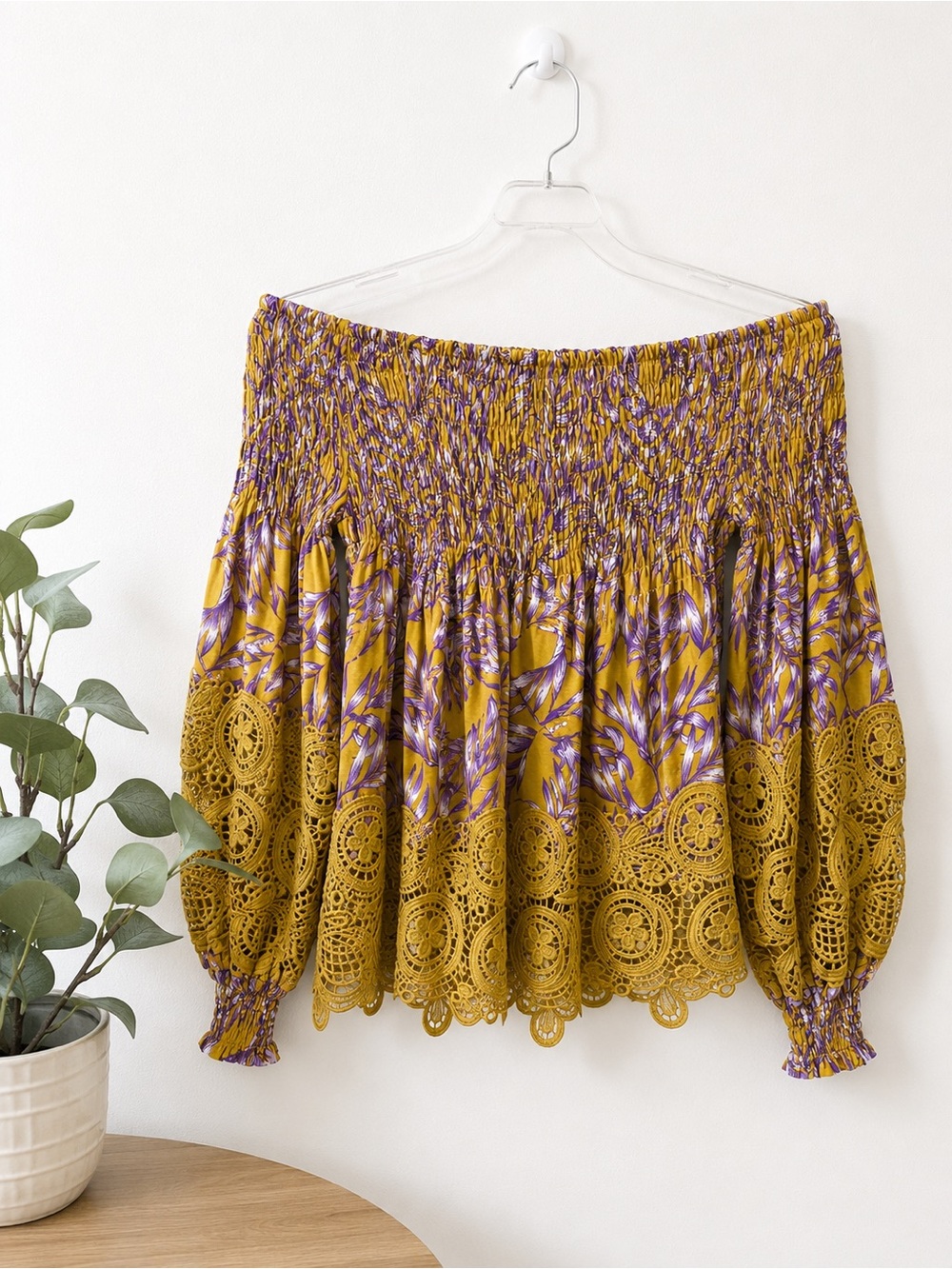 Petal Roz Boho Off Shoulder Smocked Crochet Lace Blouse Mustard Purple Floral L - Picture 2 of 8